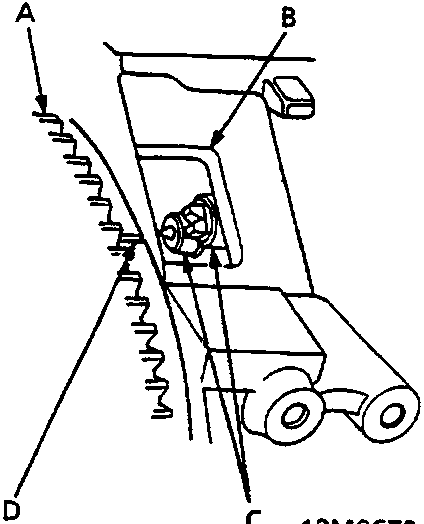 Diagram showing flywheel alignment marks viewed through an inspection hole on the engine block.