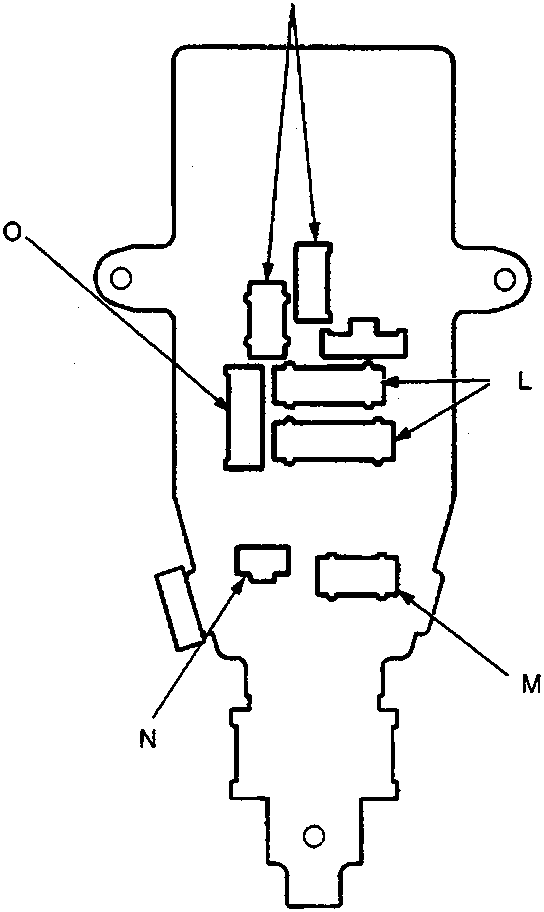 Diagram of the underside or secondary section of the fuse/relay box showing labeled components K through O, including relays and connectors.