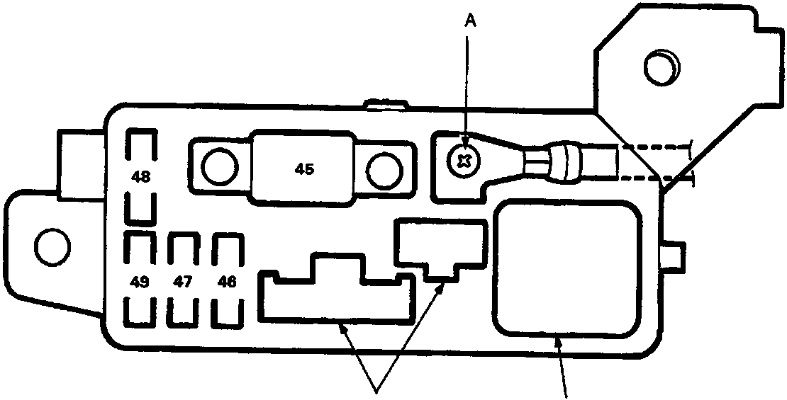 Diagram of the Engine Compartment ABS Fuse/Relay Box showing numbered fuse slots (45, 46, 47, 48, 49) and labeled connection points A, B, and C.