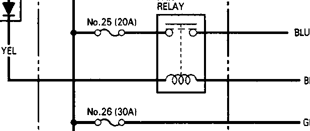 Diode and fuse connections for radiator fan relay.