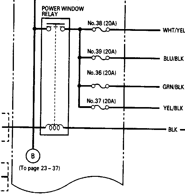 Power window relay diagram with labeled fuses and connections.