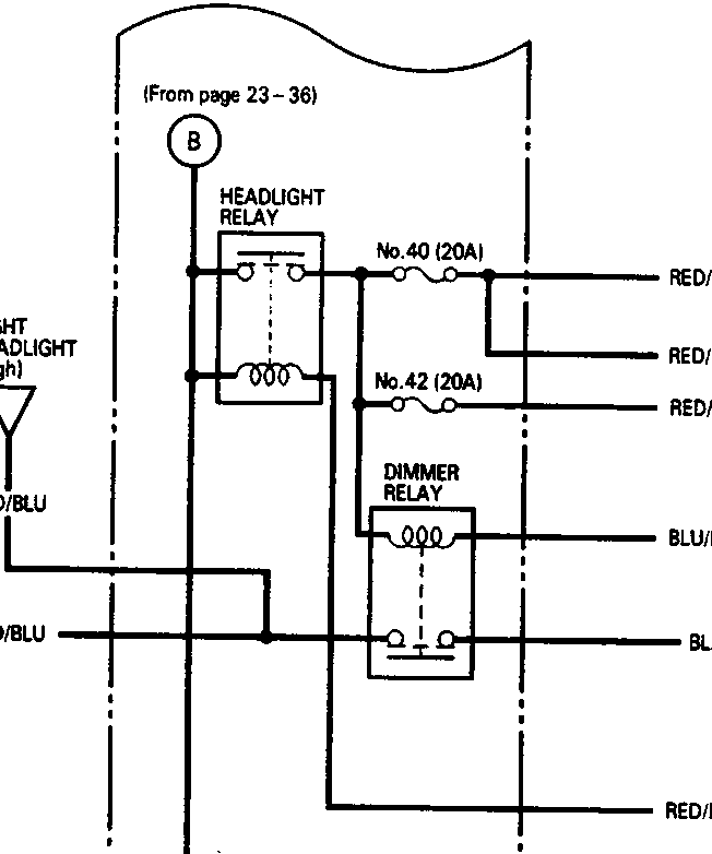 Wiring diagram showing the under-hood fuse/relay box connections for headlight relay, dimmer relay, fuses No.40, No.42, No.19, and No.27, and their associated wire colors and destinations including combination light switches and ground G203.