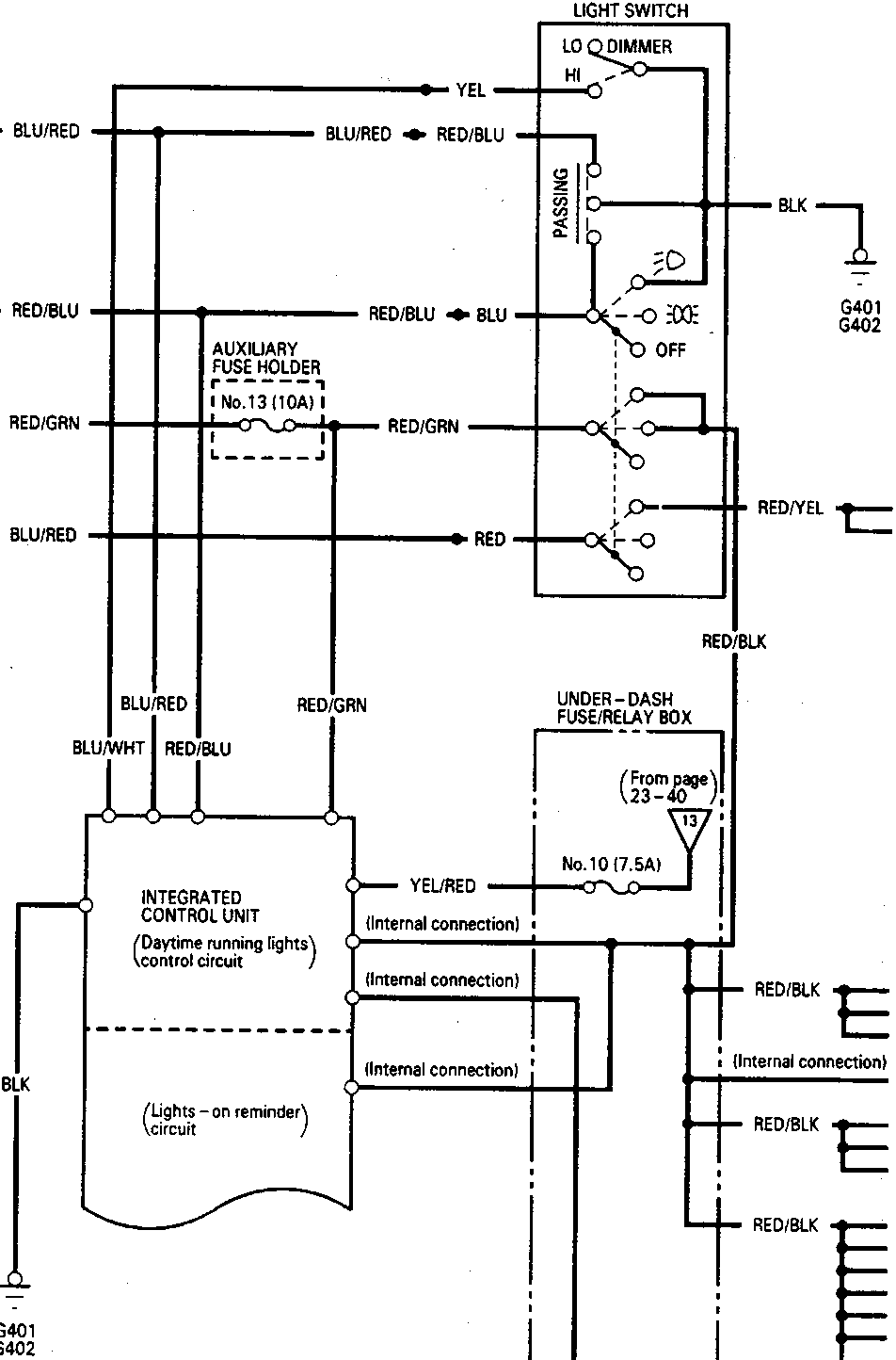 Electrical diagram showing combination light switch, relays, fuses, and integrated control unit connections.