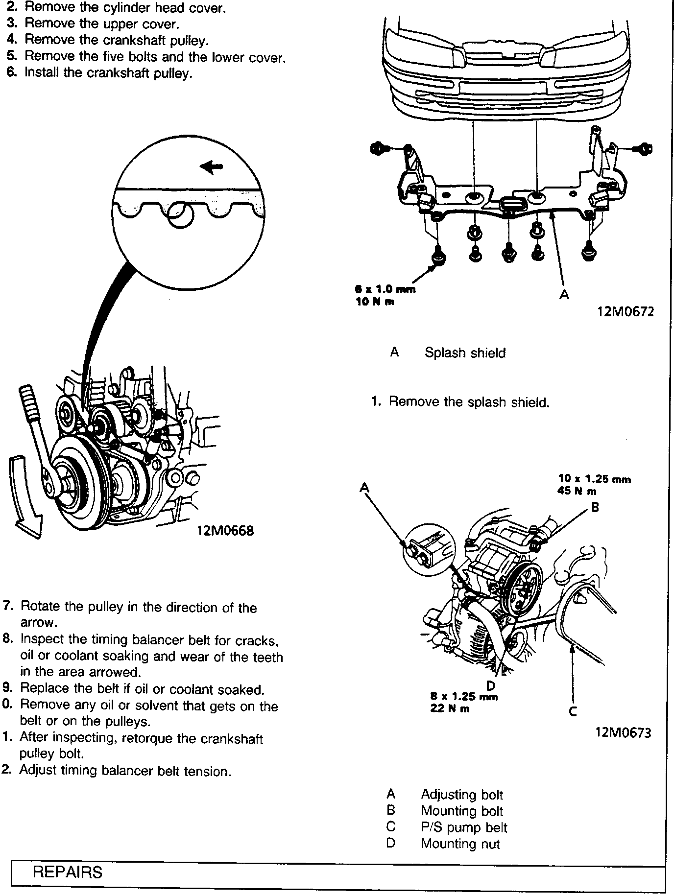 Engine front view with a circular callout arrowed to show the timing balancer belt teeth area