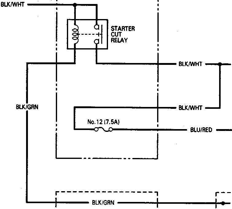 Starter cut relay circuit diagram with wire color codes and fuse