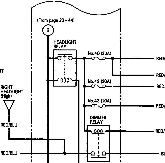 Electrical wiring diagram showing the under-hood fuse/relay box with headlight relay, dimmer relay, fuses No.40, No.42, No.43, No.19, No.20, No.27, auxiliary fuse holder No.13, and connections to combination light switch, DIM-DIP resistor, DIM-DIP relay, and earth G203.