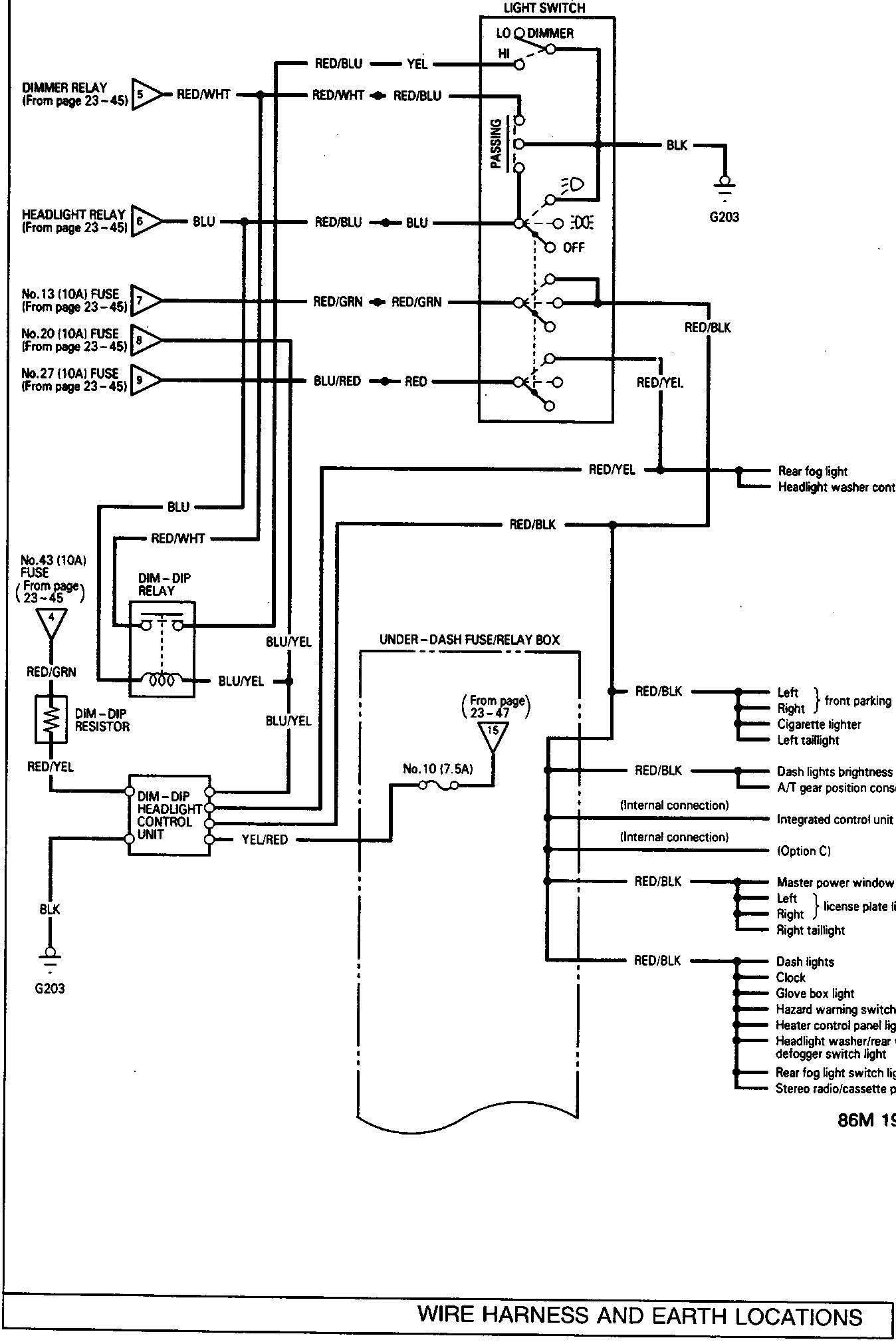 Electrical wiring diagram showing connections for the combination light switch, relays, fuses, and under-dash fuse/relay box.