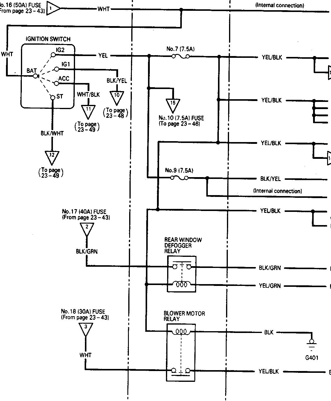 Wiring diagram for rear window defogger and blower motor relay circuits