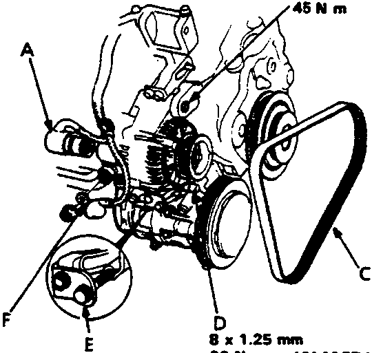 Diagram showing alternator, mounting bolts, belts, and terminals with callout letters A through F and torque specifications.