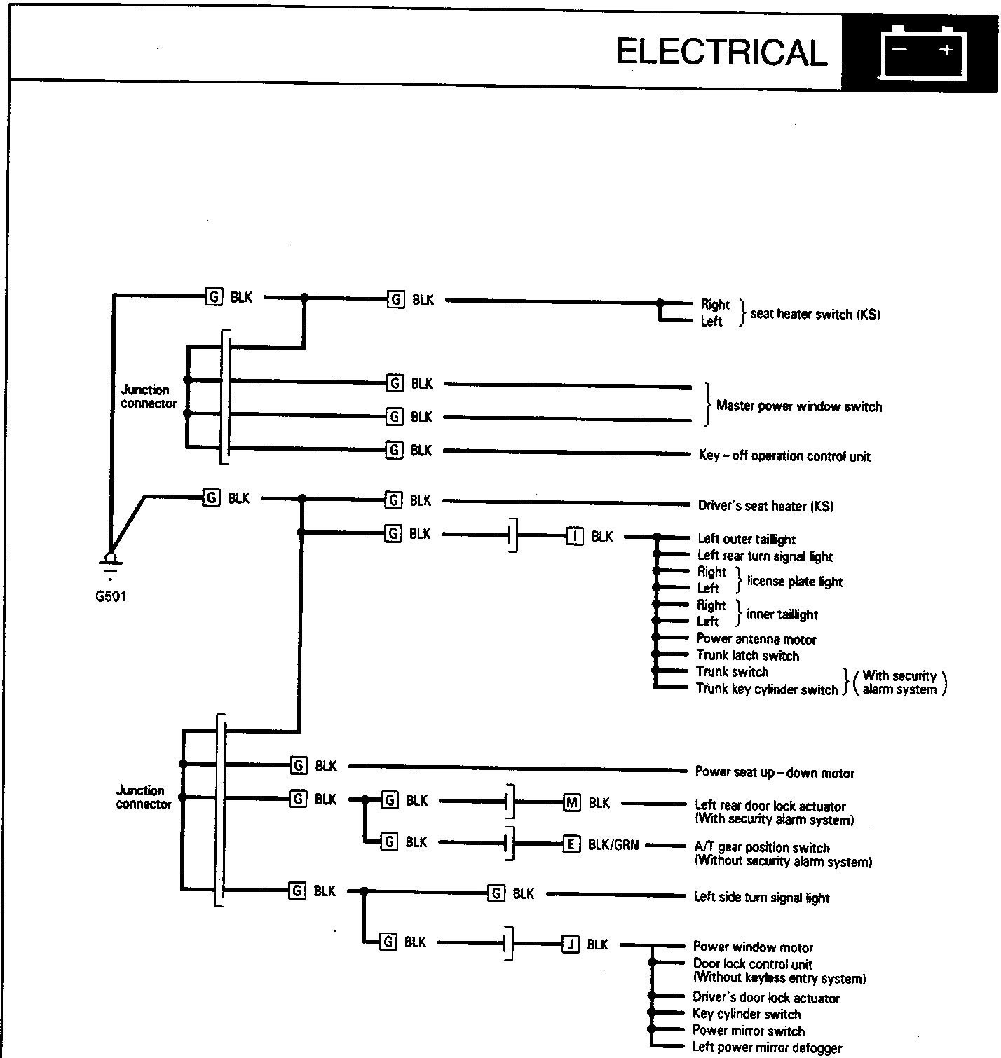 Electrical wiring diagram showing connections for seat heater, master power window switch, driver's seat heater, tail lights, license plate light, antenna motor, trunk latch, trunk switch, trunk key cylinder switch, power seat motor, door lock actuators, gear position switch, turn signal light, power window motor, door lock control unit, key cylinder switch, power mirror switch, and left power mirror defogger.