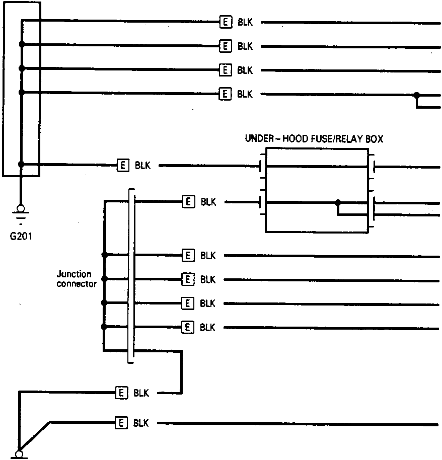 Electrical circuit diagram showing connections for right-side components including headlight, turn signal, radiator fan, hood switch, ABS pressure switch, power window relay, dimmer relay, windshield wiper intermittent relay, headlight washer control unit, dim-dip headlight control unit, brake fluid level switch, combination light switch, and windshield wiper motor.