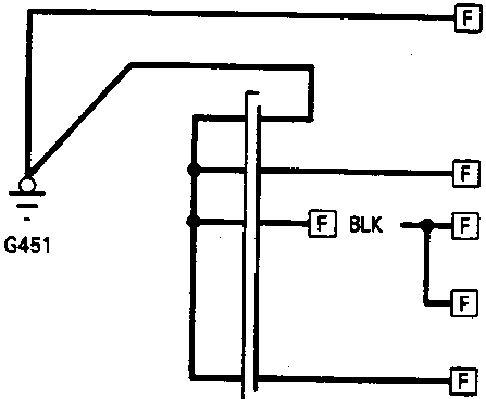 Electrical wiring diagram showing connections for left outer taillight, turn signal lights, power antenna motor, door lock actuators, key cylinder switch, and power mirror defogger. Includes ground point G451 and connectors labeled F and M.