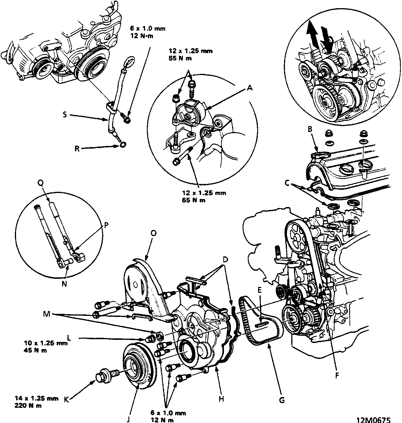 Exploded view diagram of the cylinder head and valve train assembly showing timing belt, covers, pulleys, mounts, and associated fasteners with callout letters A through S and torque specifications.