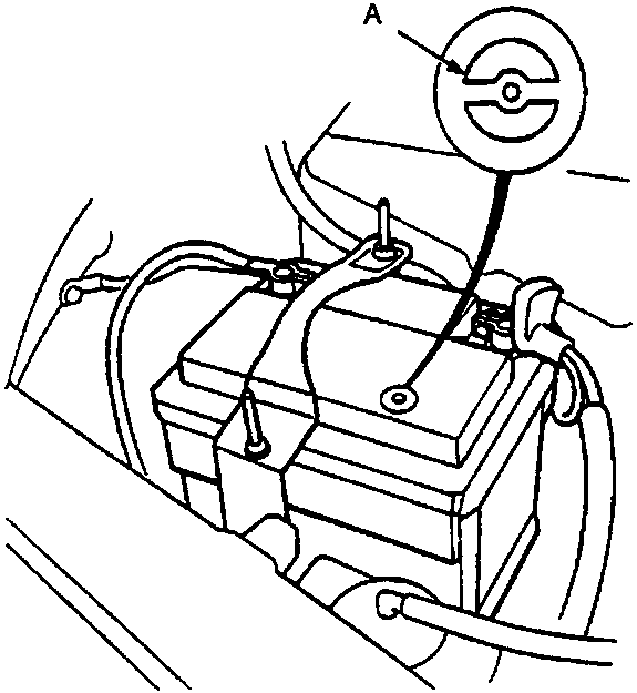 Diagram of a battery showing an indicator labeled 'A' on the top cover