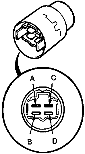 Photograph of a cylindrical power relay and its socket showing terminal positions A, B, C, and D