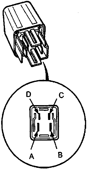 Diagram of a 4-pin relay connector with pin layout labeled A, B, C, D
