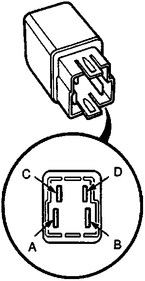 Diagram of a 4-pin relay connector with pin layout labeled A, B, C, D