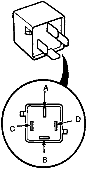 Diagram of a 4-pin relay connector with pin layout labeled A, B, C, D