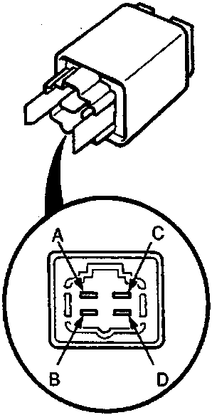 Diagram of a 4-pin relay connector with pin layout labeled A, B, C, D