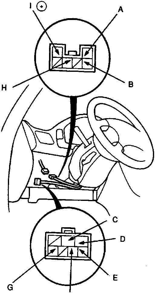 Diagram of ignition switch connectors and wiring harness layout with callout labels A through H.