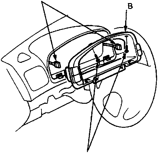 Diagram of instrument panel showing screws C, connector A, and panel B