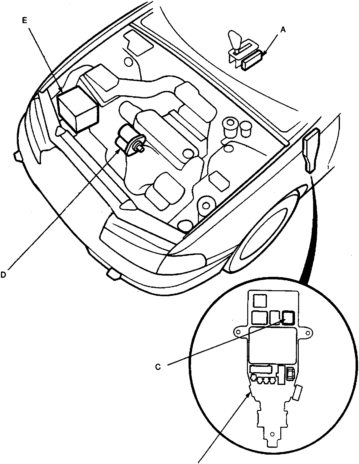 Diagram of the engine compartment showing the locations of the A/T gear position switch, passenger compartment fuse/relay box, starter cut relay, starter, and battery. Includes a detailed inset view of the fuse/relay box layout.