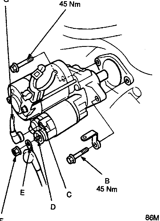 Diagram of starter motor showing mounting bolts, terminals, cables, and wiring with torque specifications.