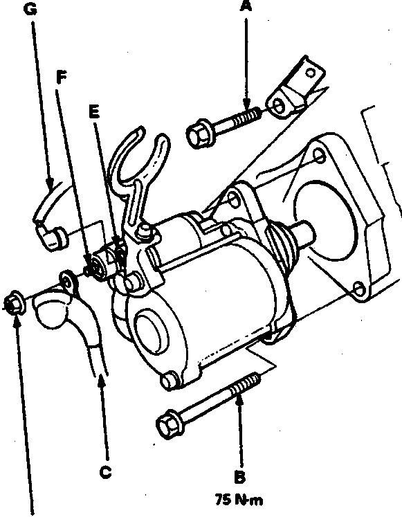 Exploded view of the starter motor assembly showing mounting bolts, starter cable, terminals, and wire with torque values 45 N·m, 75 N·m, and 9 N·m indicated.