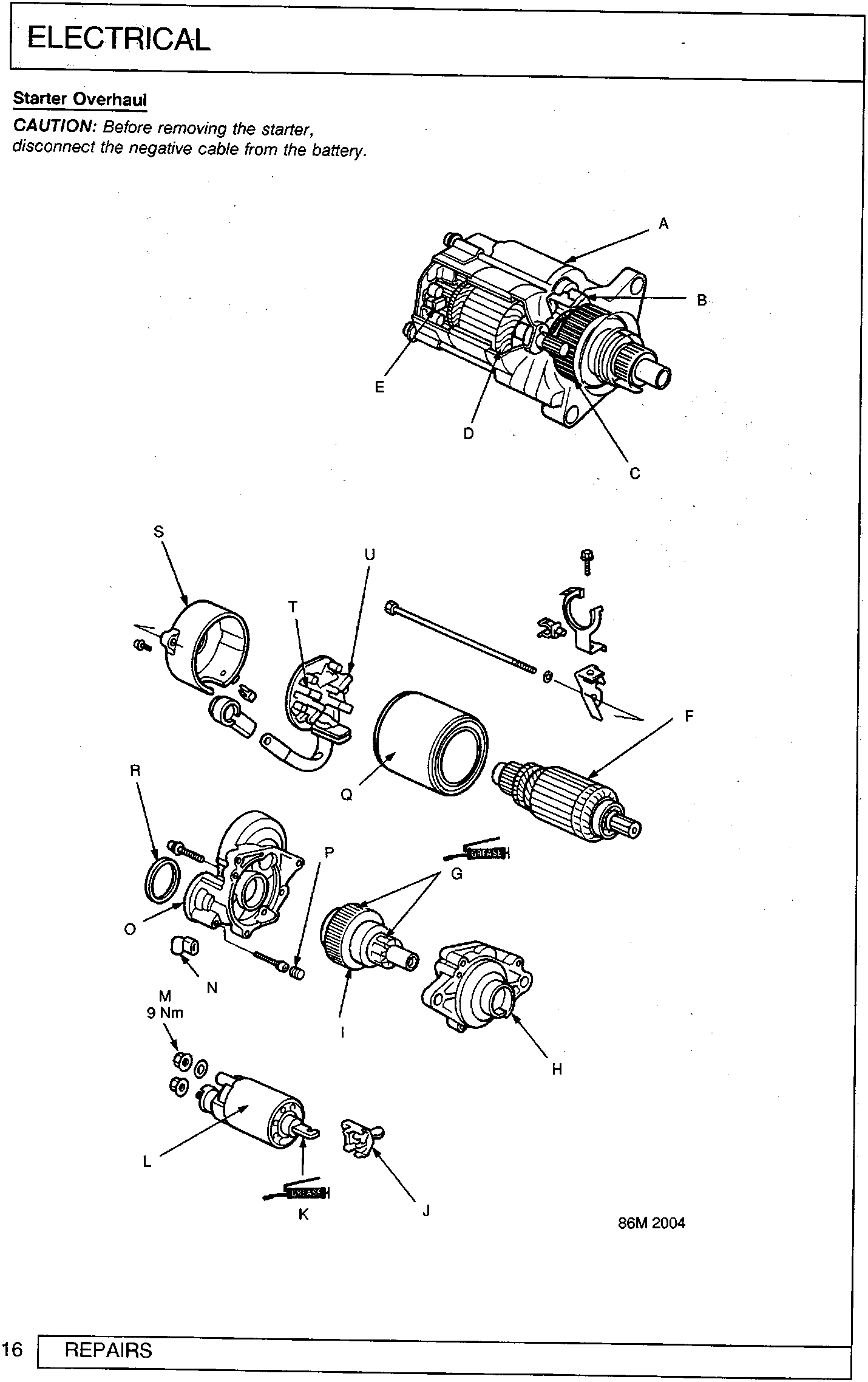 Exploded view diagram of a starter motor with parts labeled A through U. Includes torque specification M 9 Nm and GREASE callouts.