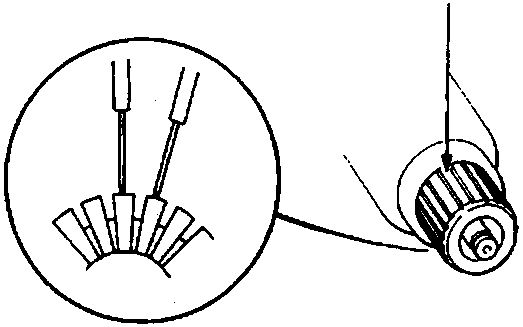 Close-up view of a commutator showing measurement probes checking the mica depth between segments