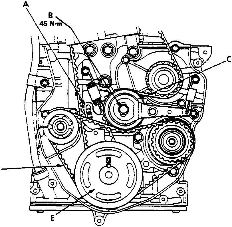 Diagram of timing belt and balancer belt assembly showing adjuster arm, adjusting nut, balancer belt adjusters, and pulleys with callout labels A through F. Torque value 45 N·m indicated at callout B.