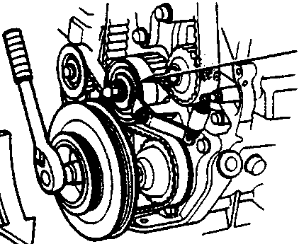 Close-up diagram of timing balancer belt adjuster mechanism with callout label D and a curved arrow indicating direction of rotation.