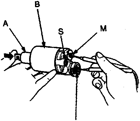 Diagram of a starter solenoid with callout labels A, B, S, and M