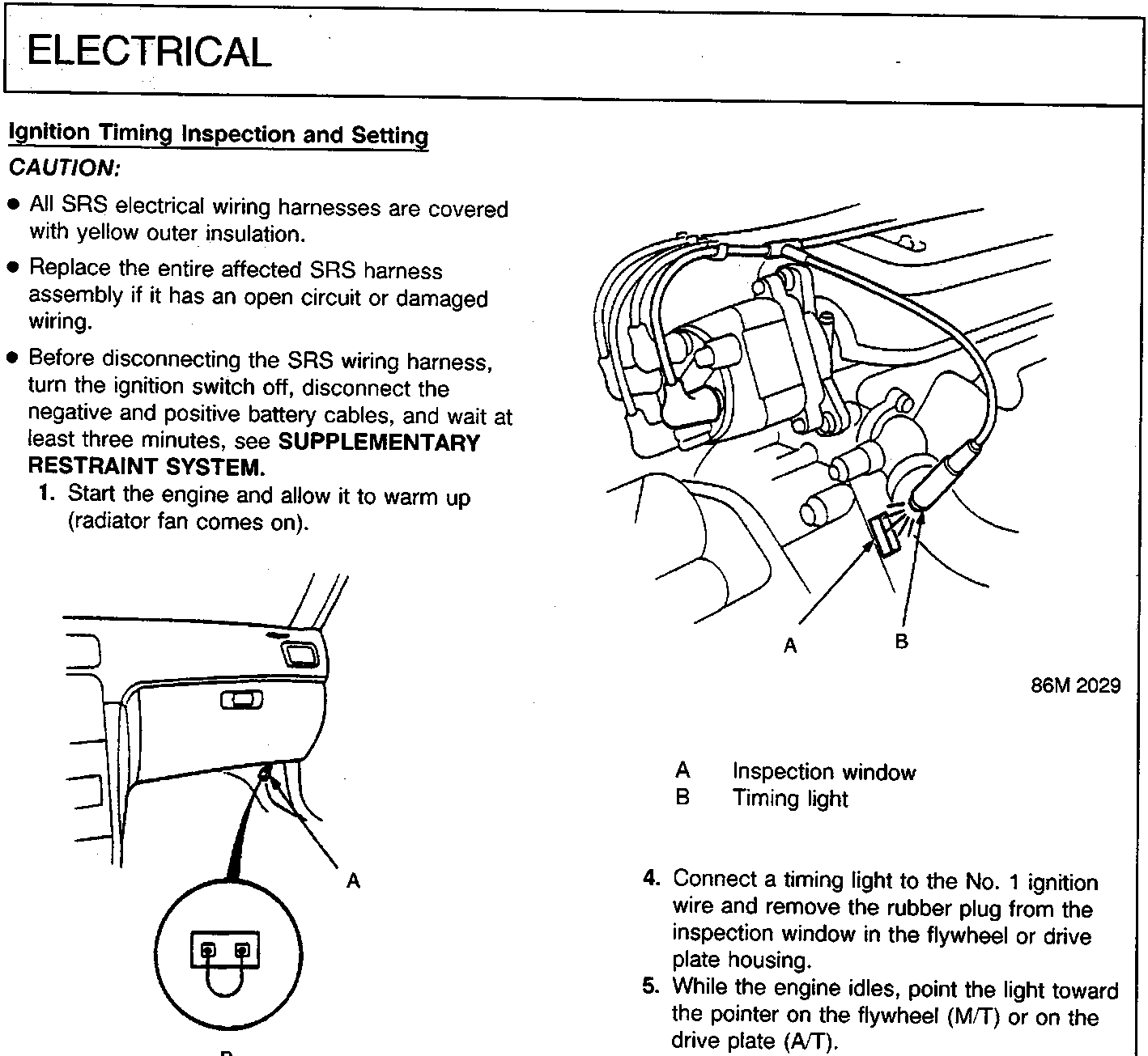 Diagram showing timing light connected to inspection window in flywheel housing