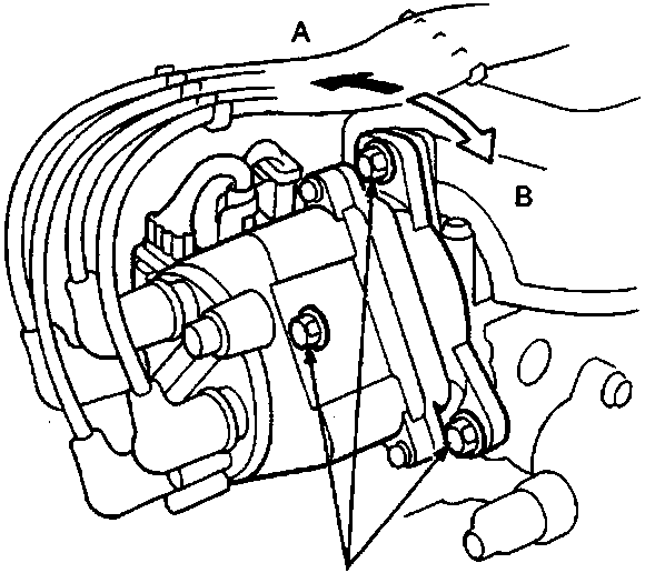 Diagram of distributor mounting bolts with labels A, B, C and torque value 18 Nm