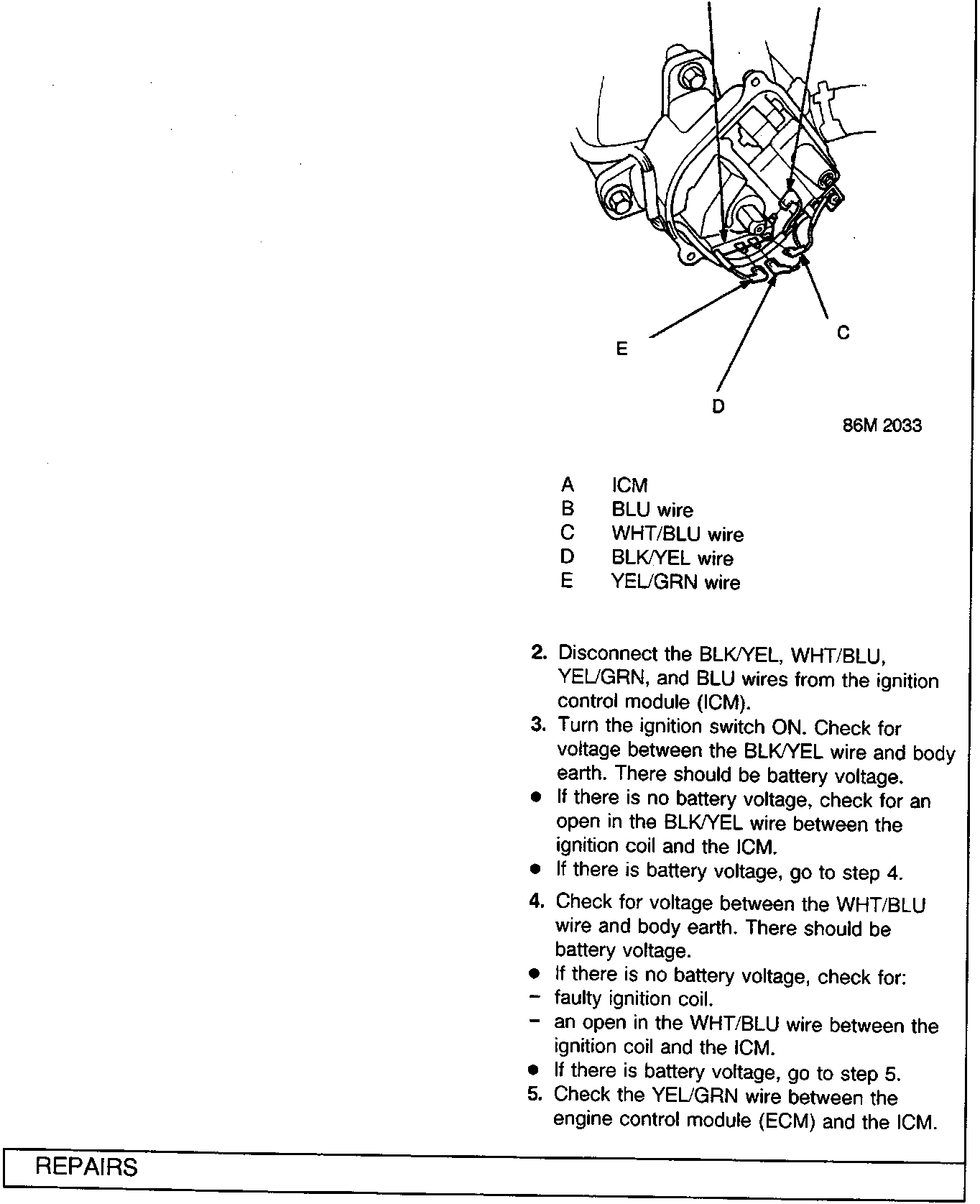Diagram of Ignition Control Module (ICM) showing wire connections labeled A through E