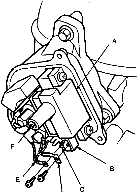 Diagram of the ignition coil assembly showing labeled components A through F, including terminals, wires, and the secondary winding terminal.