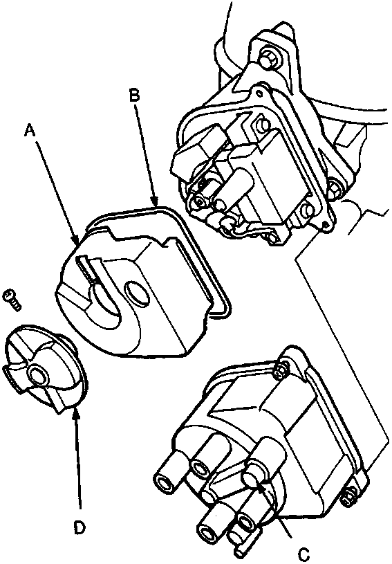 Exploded view of the distributor assembly showing the leak cover, cap seal, distributor cap, and distributor rotor with callout labels A, B, C, and D