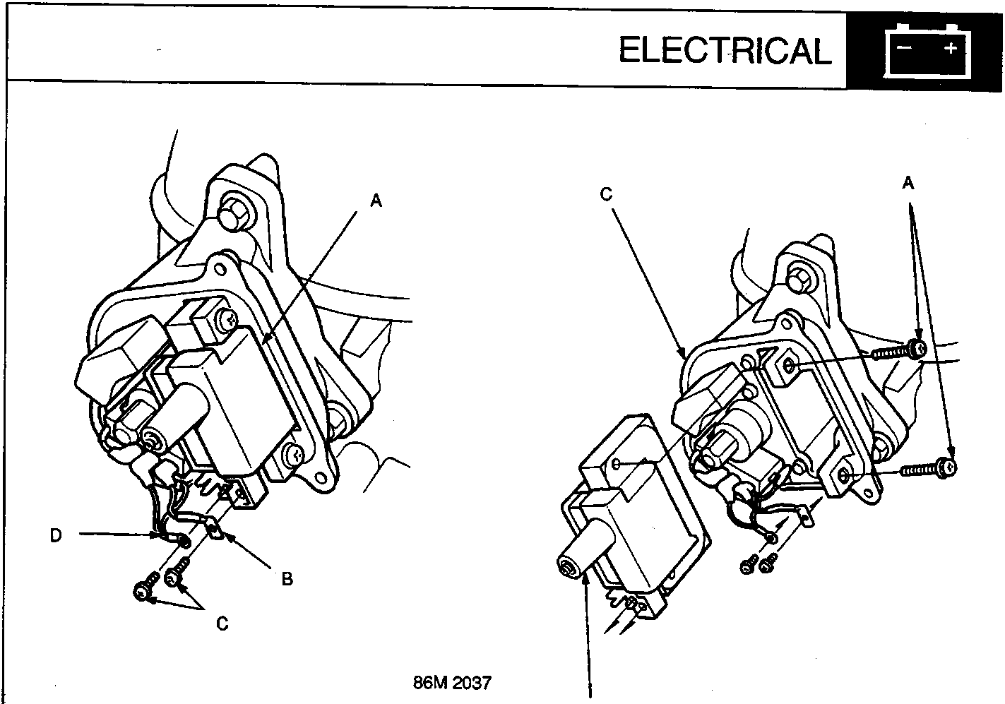 Diagram showing ignition coil, wires, and screws with labels A, B, C, D
