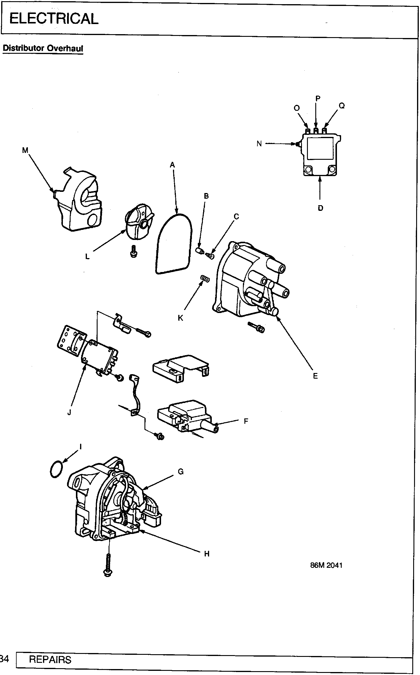 Exploded view diagram of a distributor showing components labeled A through Q, including the housing, rotor arm, contact breaker assembly, condenser, vacuum unit, and terminal block. Figure number 86M 2041 is printed at the bottom right.