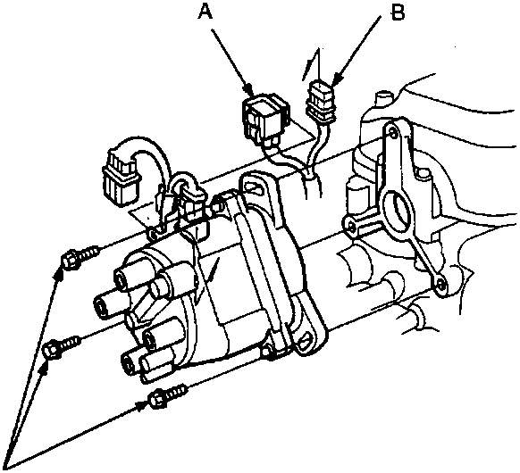 Diagram of distributor showing connectors labeled A and B, and mounting bolts labeled C