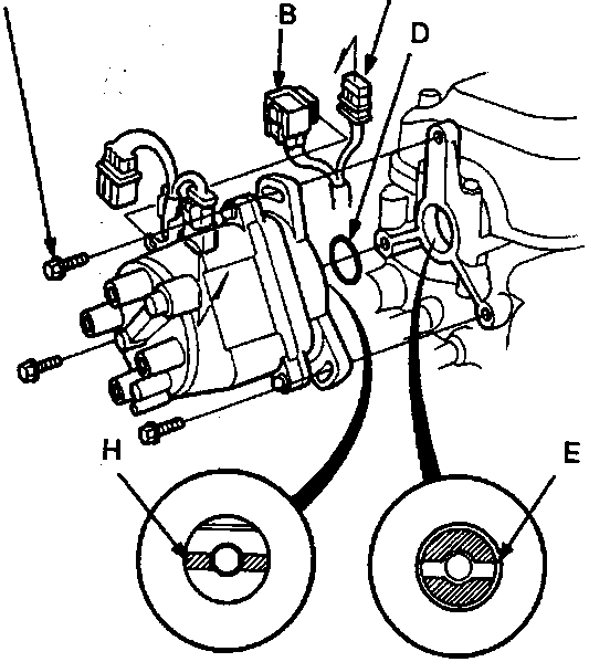 Diagram of distributor installation showing mounting bolts, connectors, O-ring, grooves, camshaft end, distributor end, and lugs