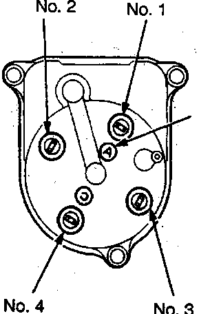Diagram of distributor housing showing No. 1, No. 2, No. 3, and No. 4 cylinder marks and the No. 1 cylinder mark alignment point