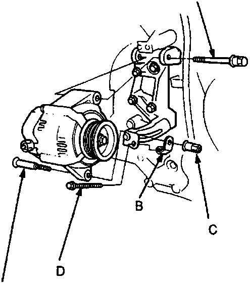 Diagram showing alternator mounting with callouts A, B, C, D, E