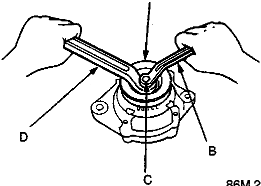 Diagram showing hands using two box spanners (A and D) to loosen a pulley locknut (C) on an alternator rotor assembly. Labels indicate A: Pulley, B: 10mm box spanner, C: Pulley locknut, D: 22mm box spanner. Figure number 86M 2058.