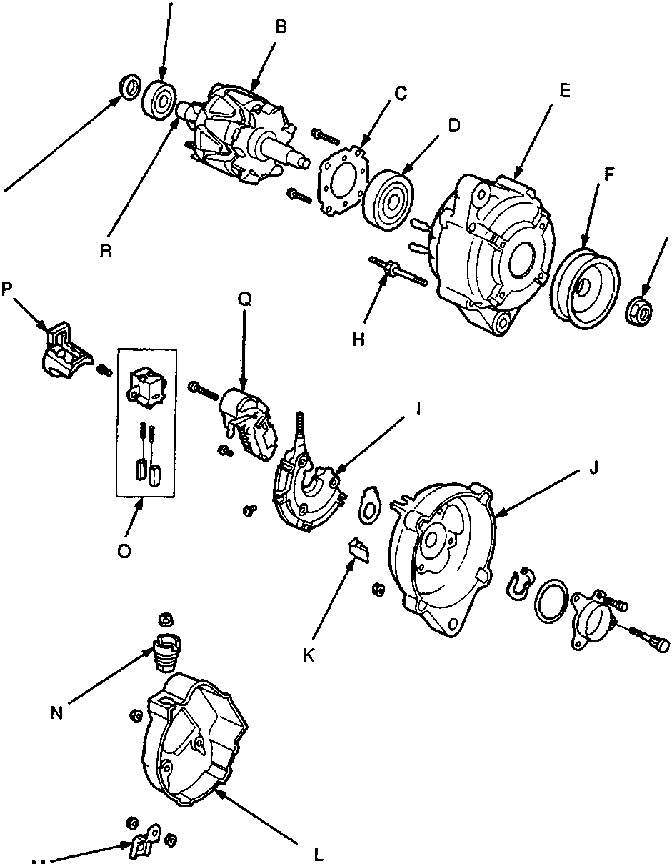 Exploded view diagram of an alternator showing components labeled A through S, including rotor, stator, bearings, pulley, and voltage regulator.