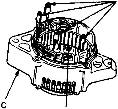 Diagram of alternator stator assembly showing internal coils and leads with labels A, B, and C.