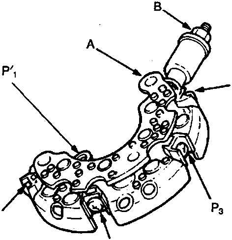 Diagram of the alternator rectifier assembly showing terminals A, B, P'1, P1, P2, P3, and P4
