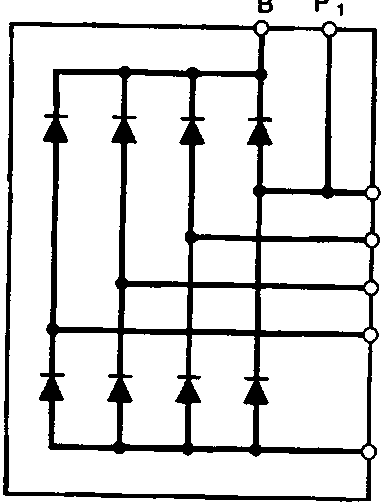 Circuit diagram of the rectifier bridge showing four diode pairs connected between terminals B, P'1, P1, P2, P3, P4, and E
