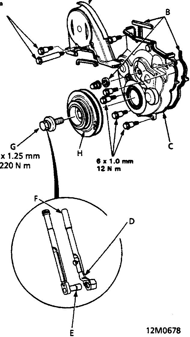 Exploded view diagram of the timing belt adjuster assembly showing upper cover, rubber seals, lower cover, pulley holder attachment, socket wrench, handle, pulley bolt, and crankshaft pulley with associated torque specifications.